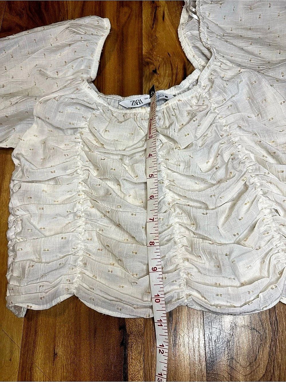 Zara M Ivory Swiss Dot Ruched Crop Top Bell Sleeve Square Neck Boho Cottagecore - Picture 5 of 9